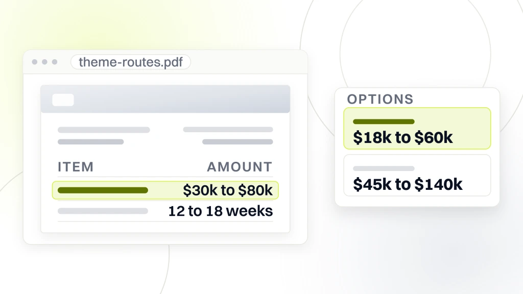 A quote document showing a hybrid rebuild at $30k to $80k over 12 to 18 weeks, beside an options card comparing a framework child theme at $18k to $60k with a fully bespoke theme at $45k to $140k, from a guide to WooCommerce Web Design Agency.
