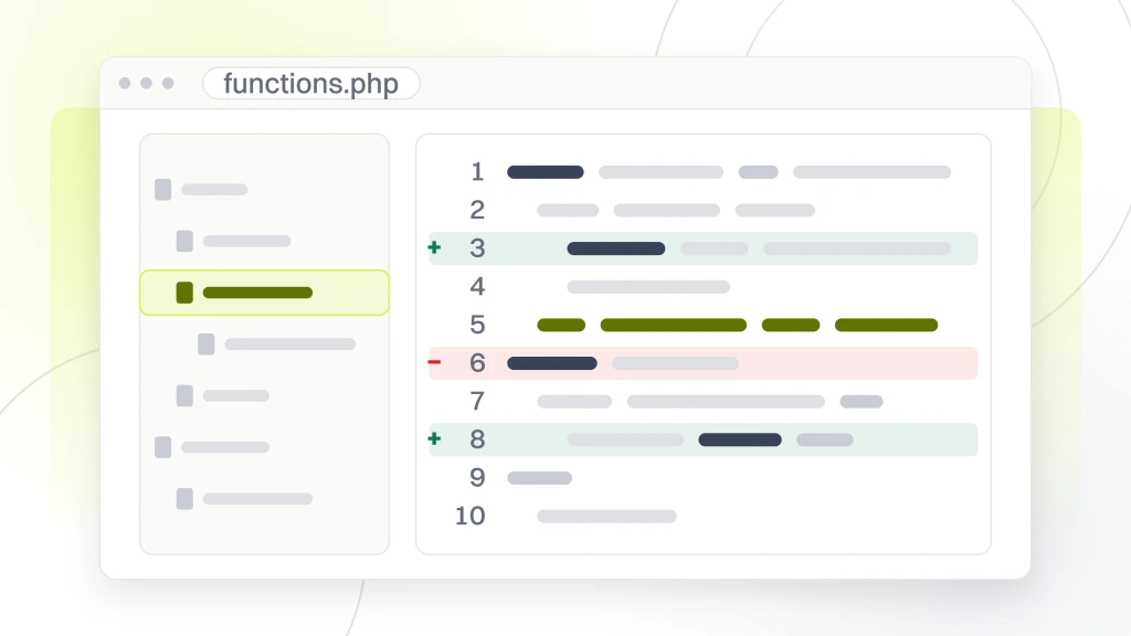 Dental Website Maintenance Checklist. A code editor with a file tree on the left and a pane of ten code lines on the right, two lines marked as additions, one as a deletion and one highlighted.