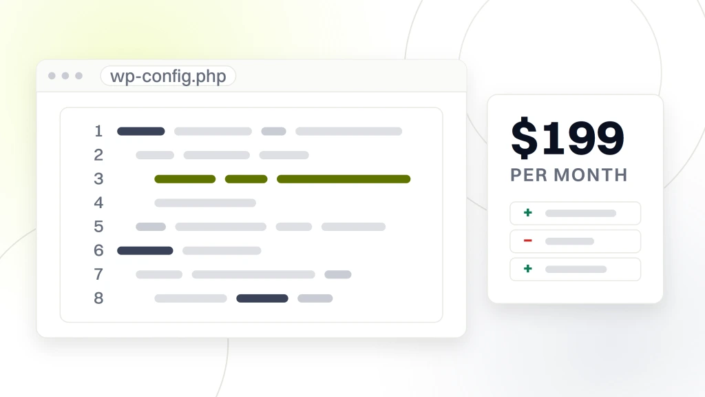 A code editor pane showing eight lines with one highlighted, beside a card reading $199 per month with a short diff list under it, from a guide to dental Website Maintenance Checklist.