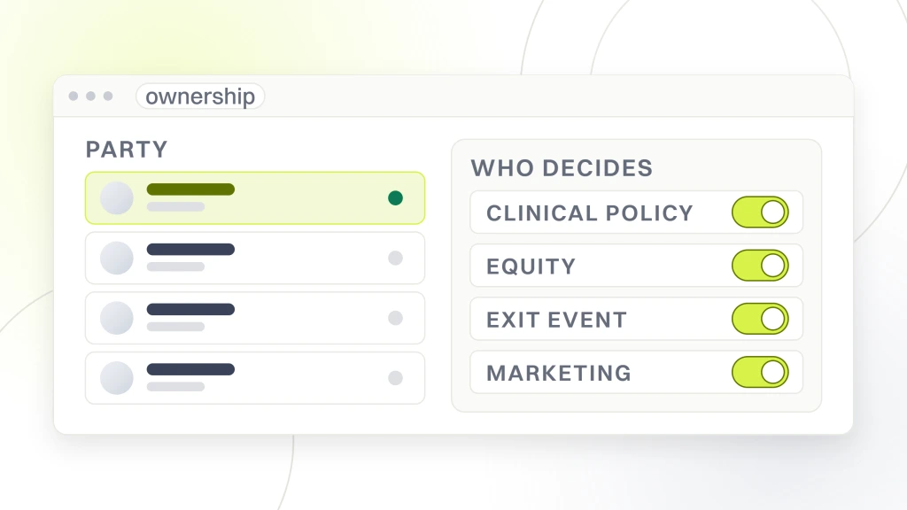 DSO vs DPO Dental. An ownership screen listing four parties with their role chips, beside a permissions panel whose switches cover clinical policy, equity, the exit event and marketing.