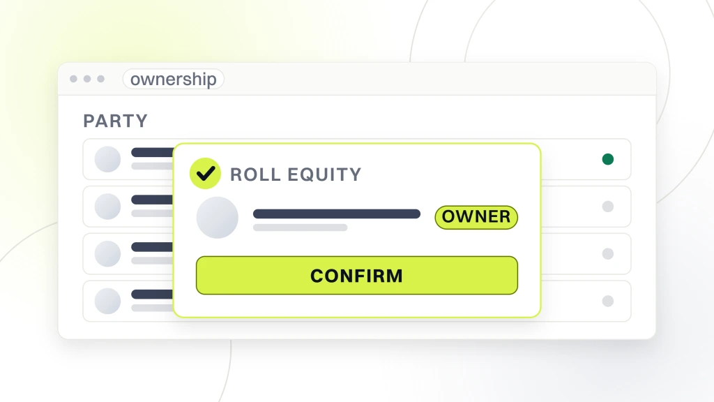 DSO vs DPO. An ownership screen with a confirmation dialog over it reading roll equity to the parent, with a confirm button.