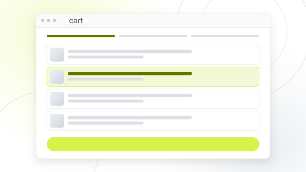 Ecommerce site audit. A checkout window showing a step rail and four cart lines with one highlighted, the screen a general website audit has no equivalent of.