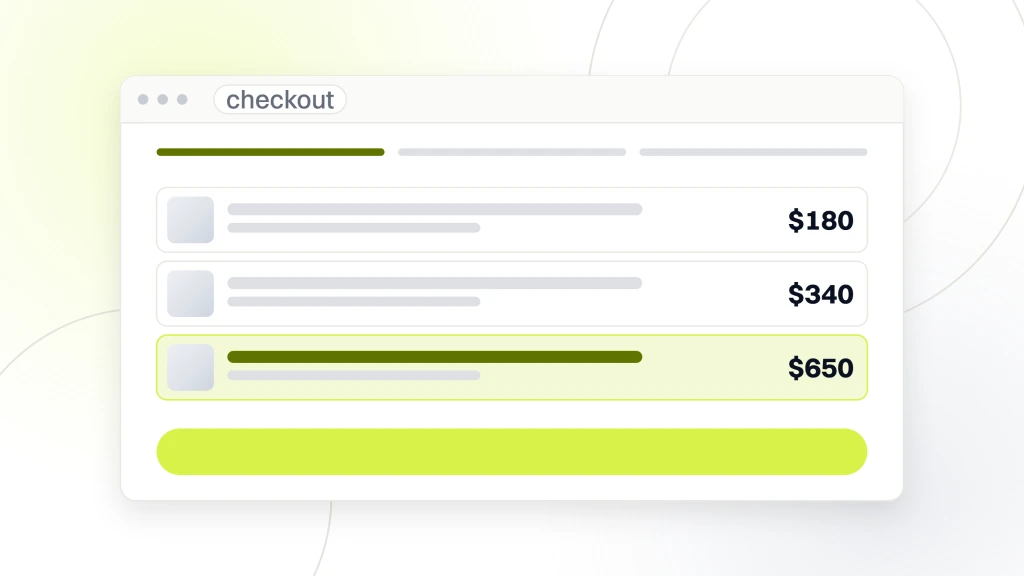 Luxury Beauty Marketing Agencies. A checkout window showing a cart of three lines priced 180 dollars, 340 dollars and 650 dollars, the last one highlighted, with the step indicator above.