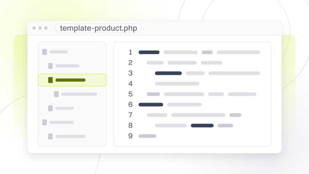 Enterprise technical SEO audit. A code editor with a file tree and twelve lines in the pane, two marked as additions, one as a deletion and one highlighted, the single file every generated page inherits.