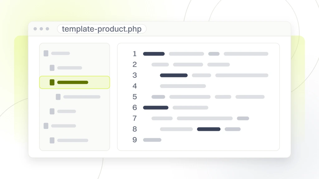 Enterprise technical SEO audit. A code editor with a file tree and twelve lines in the pane, two marked as additions, one as a deletion and one highlighted, the single file every generated page inherits.