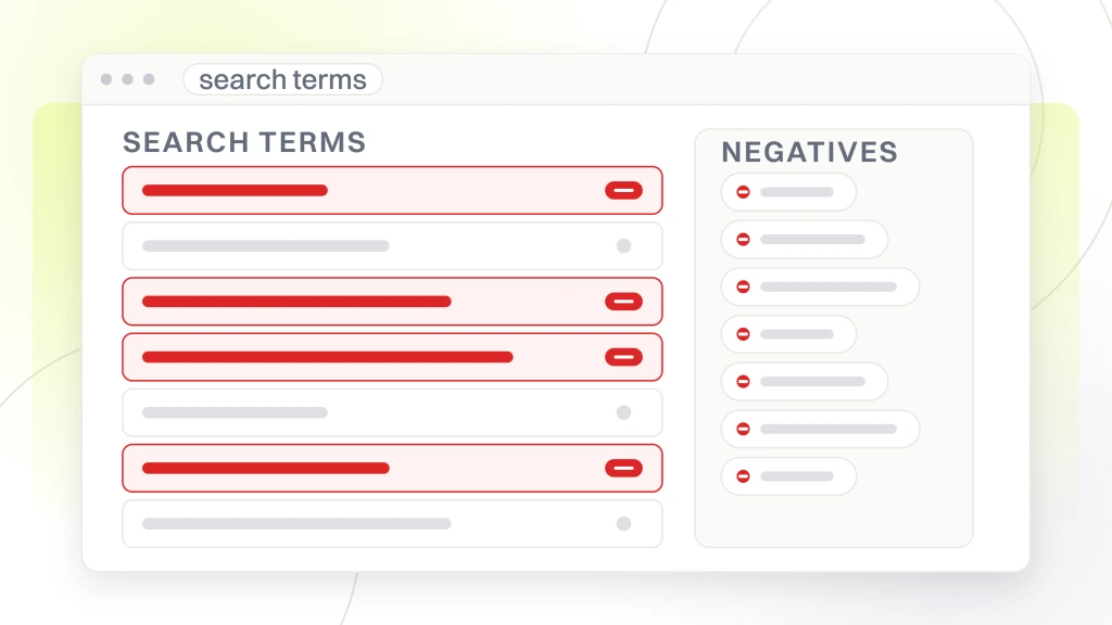 PPC Audit for Healthcare. A search terms report inside a healthcare ads account showing seven queries with four flagged for exclusion, feeding the negative keyword list beside it.