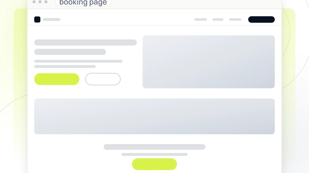 Responsive dental website. A dental booking page in browser chrome showing navigation, a photographic hero with a lime booking button, a content band and a closing call to action.