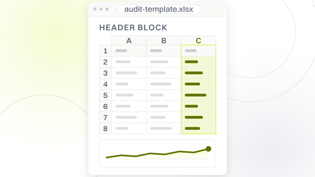 Free SEO template. A spreadsheet window holding a narrow three column grid over eight rows, the header block that sits above the findings and says what the sheet is.