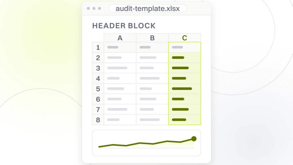 Free SEO template. A spreadsheet window holding a narrow three column grid over eight rows, the header block that sits above the findings and says what the sheet is.