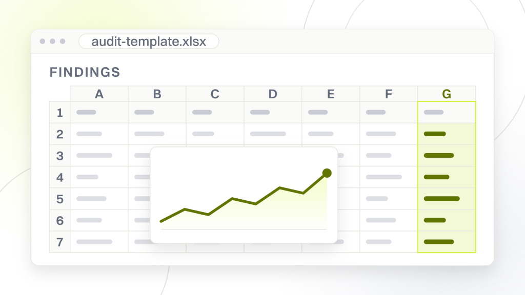 SEO audit format. A spreadsheet window holding a seven column grid of findings with the last column highlighted, the row shape the template is built around.