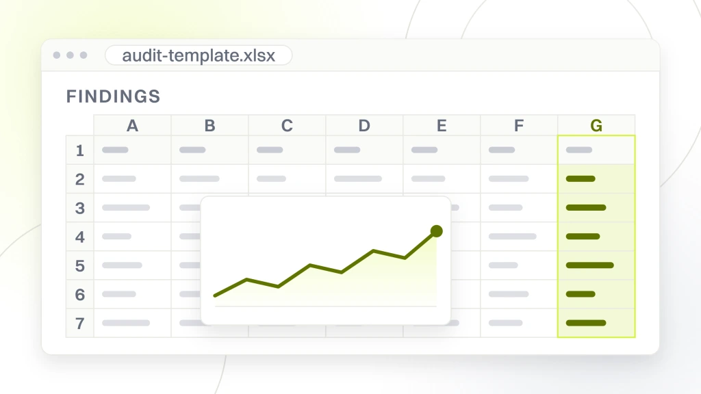 SEO audit format. A spreadsheet window holding a seven column grid of findings with the last column highlighted, the row shape the template is built around.
