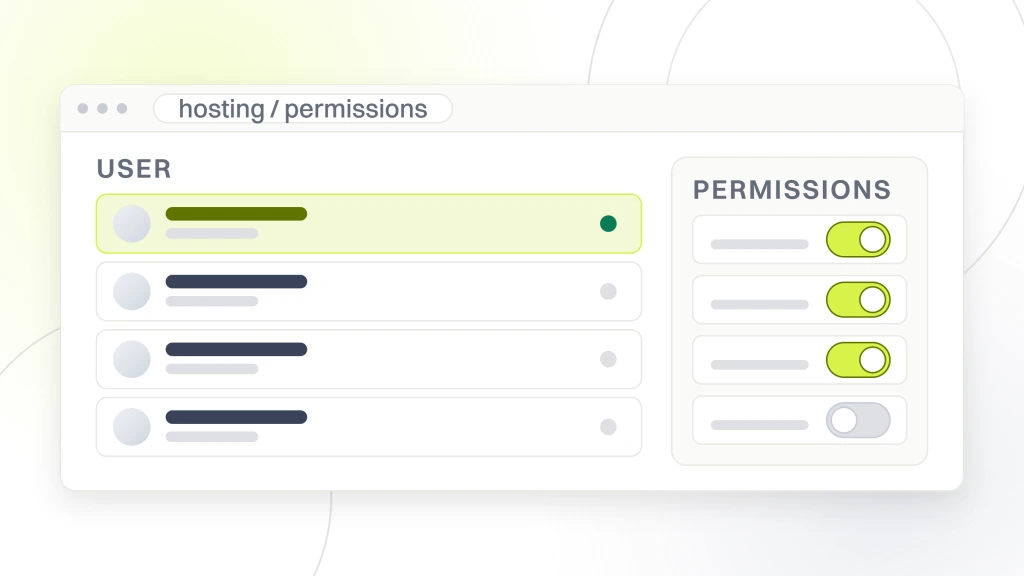 Web hosting for healthcare. A settings window showing four user rows on the left and a permissions panel on the right listing what each role can do.