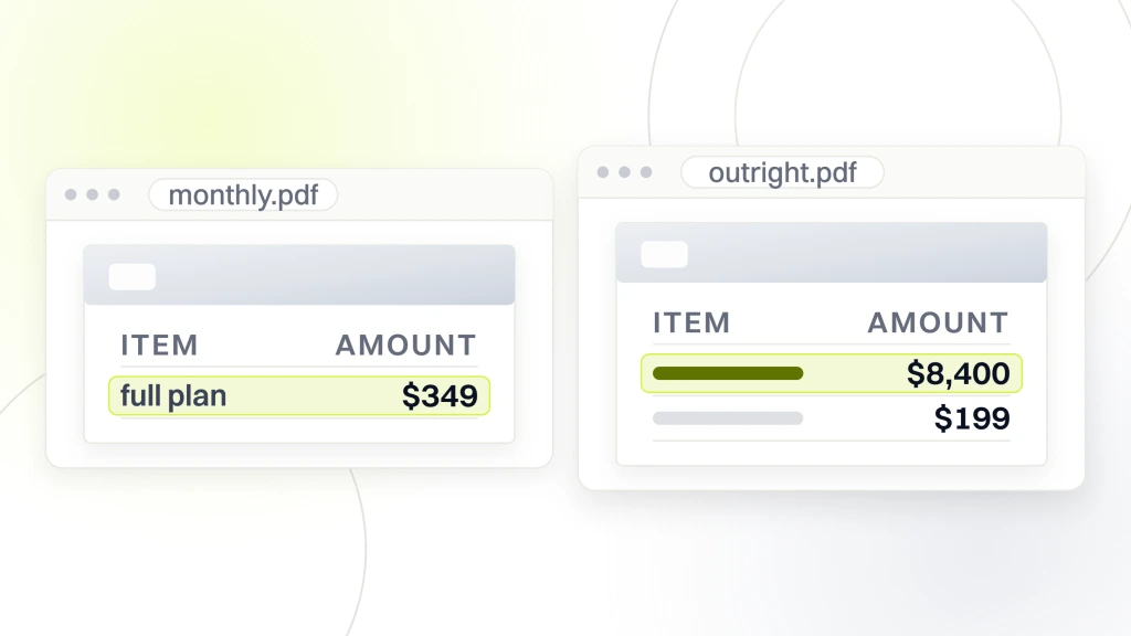 Pay Monthly Ecommerce Website Design. Two documents side by side in viewers, the left listing a full monthly plan at 349 dollars, the right listing a one-time build at 8,400 dollars above a 199 dollar maintenance line.