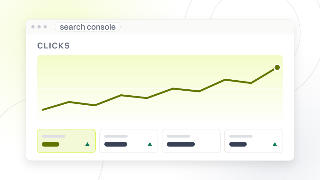 How do I know my SEO is working. A search console window showing a clicks label over a rising line and four metric tiles, the underlying screen a client should be able to open without asking.
