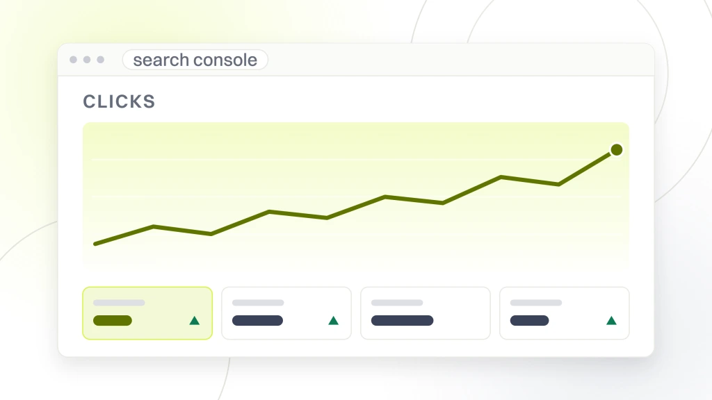 How do I know my SEO is working. A search console window showing a clicks label over a rising line and four metric tiles, the underlying screen a client should be able to open without asking.