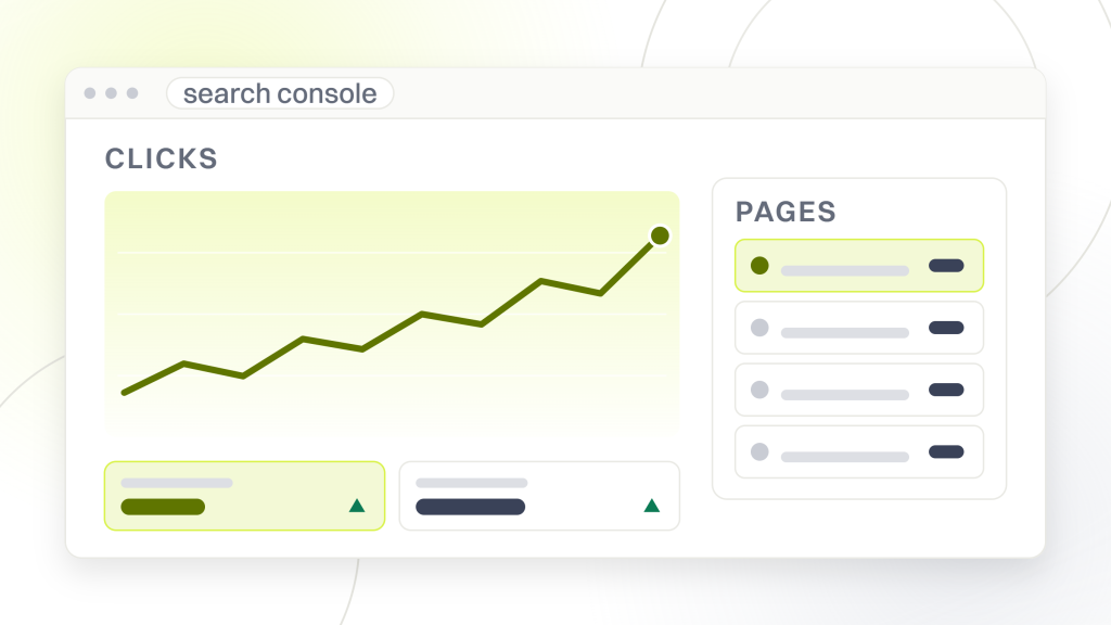 How do i know if my SEO is working. A reporting window with a clicks chart on one side and a page table on the other, above two metric tiles, so a movement can be traced to the pages behind it.