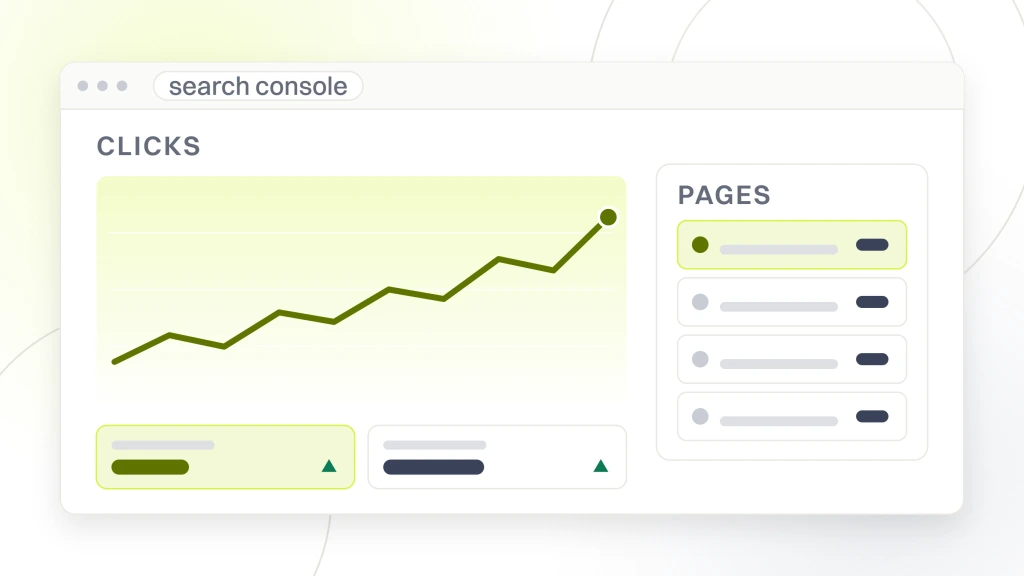 How do i know if my SEO is working. A reporting window with a clicks chart on one side and a page table on the other, above two metric tiles, so a movement can be traced to the pages behind it.