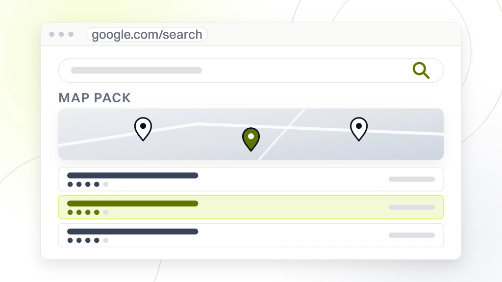 How to Do SEO for Chiropractors. A search results page showing a map with pins above four local listings with their rating dots, the second listing highlighted.