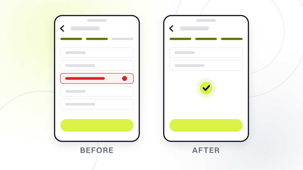How to increase conversion rate ecommerce. Two checkout windows side by side labeled before and after, the same form drawn long on one side and short on the other, which is what a checkout pass changes.