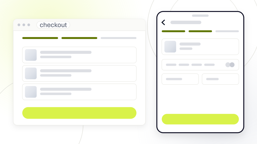 Increase ecommerce conversion rate. A checkout window with a phone build of the same checkout standing in front of it, stopped on the details step, the device most of a store's traffic is holding.