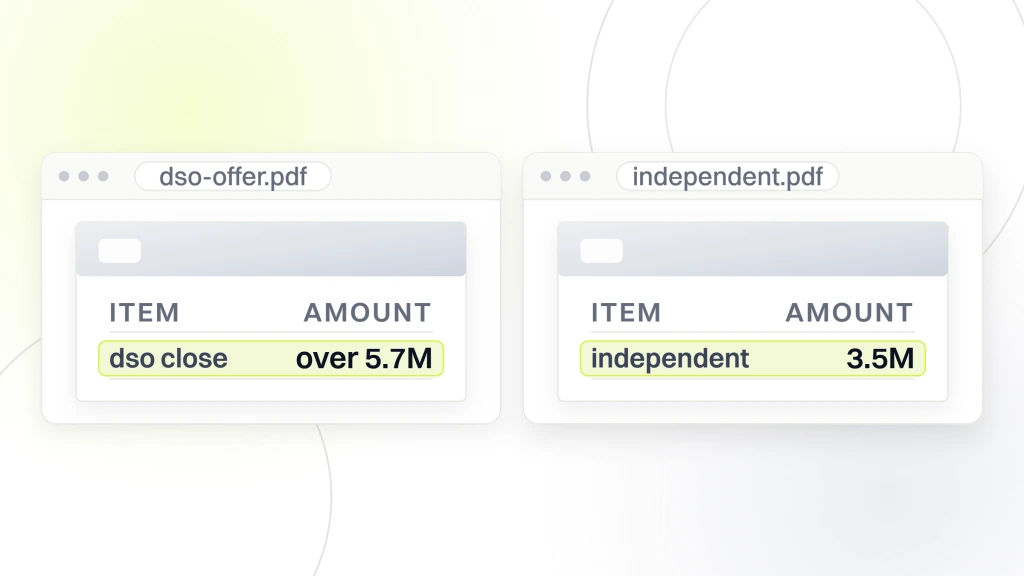 Dental DSO Pros and Cons. Two documents side by side in viewers, the left showing a DSO close of over 5.7M, the right showing an independent sale at 3.5M.