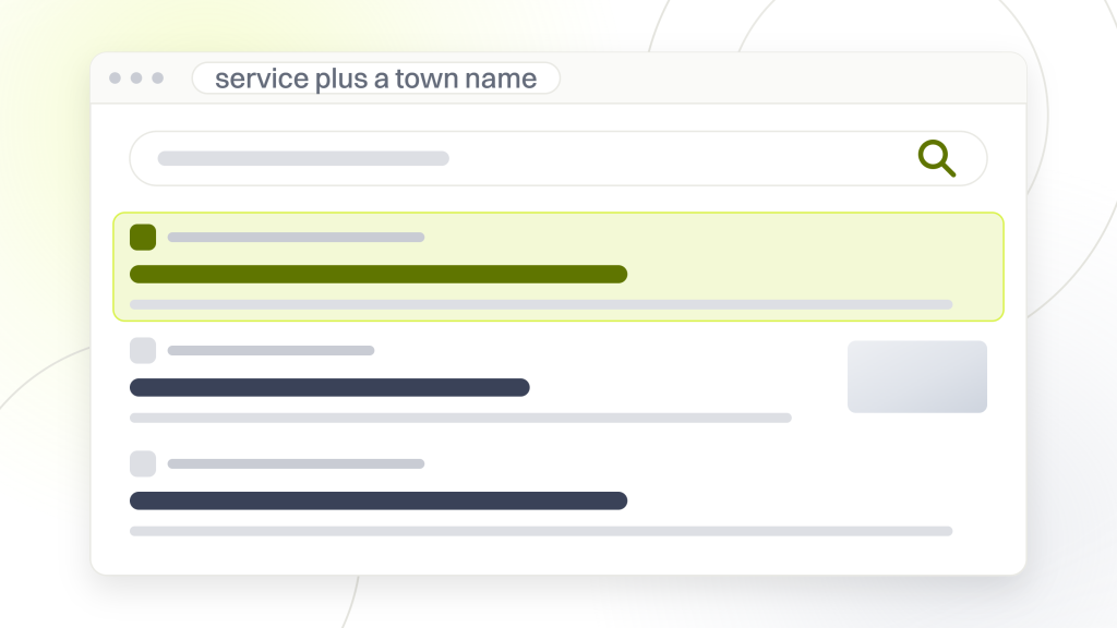 How to do a local SEO audit. A search results page with a query box and four organic listings, the first highlighted and carrying a result thumbnail, the block a location page on your own site has to win.