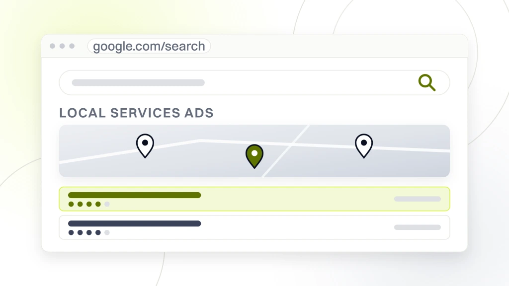 Local Services Ads Dentists. A search results page with a query box, a map plate with three pins and three local listings beneath it, the top listing highlighted.