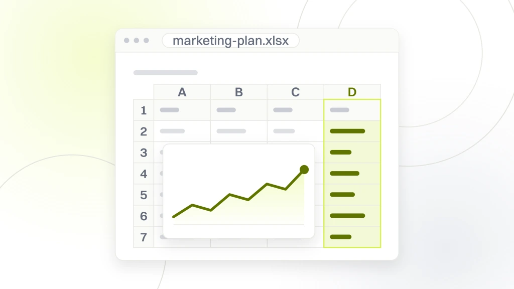 Marketing Plan for Chiropractors. A spreadsheet in a window, a grid of four columns and six rows of cells with a chart object sitting over them.