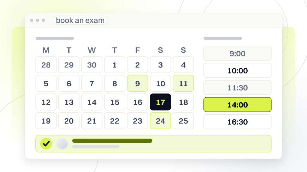 Optometrist Marketing Strategy. A booking screen showing a month grid, a column of five exam times with two already gone and one selected, and the confirmed appointment beneath them.