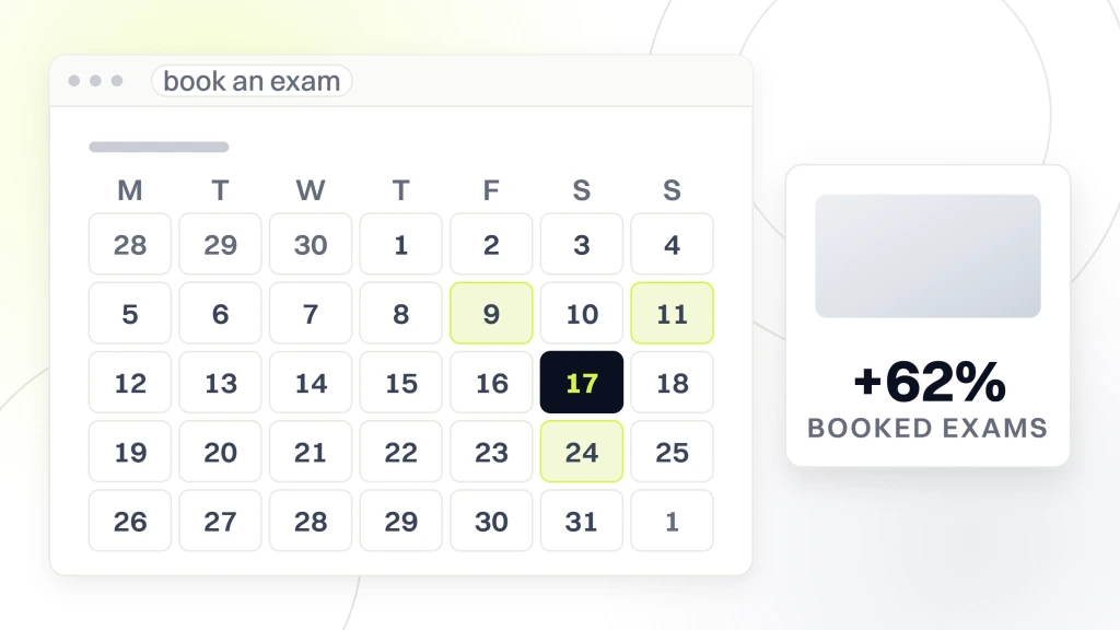 Optometrist marketing strategies. A booking screen showing a month grid with available dates tinted, beside a card carrying a photograph and the words booked exams at plus 62 percent.