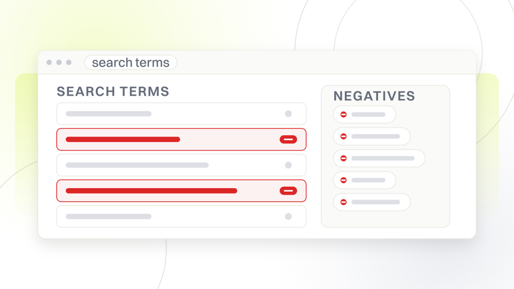 PPC management. An ads account window showing a search terms report of six queries with two of them flagged for exclusion, the one weekly job that genuinely moves spend.