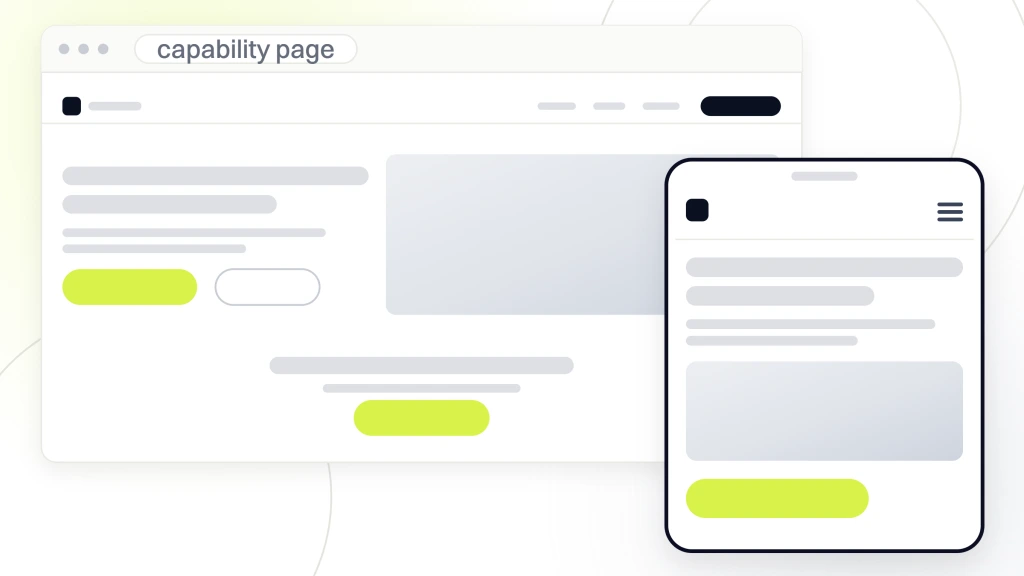 A capability page in browser chrome with a photographic hero, a content band and a lime quote button, the phone build of the same page standing in front of it, from a guide to automotive Manufacturer Website Design.