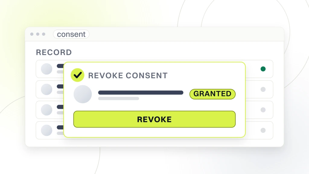 A consent record screen with a confirmation dialog over it reading revoke consent, with a revoke button, from a guide to dental Photo Consent.