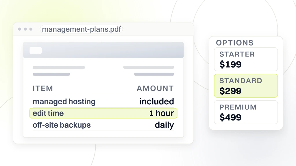 Dental Website Management. A management plan document beside an options card listing the starter tier at $199, standard at $299 and premium at $499, with standard selected.