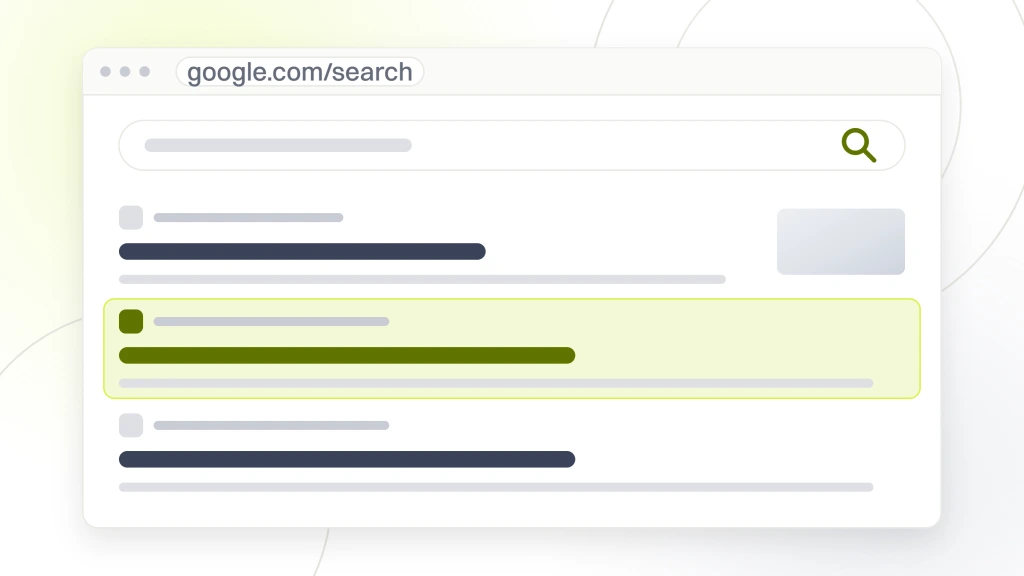 E-commerce SEO. A search results page with a query box, a tab rail, four listings with the second highlighted, and a row of related search pills beneath them.