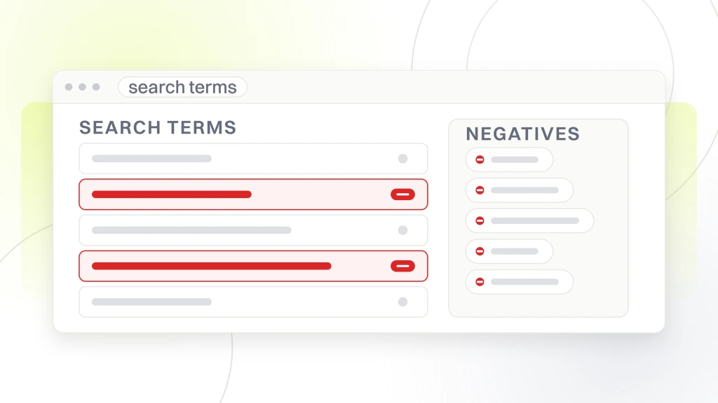 A search terms report with six queries listed, three of them marked for exclusion, beside the negative keyword list they feed, from a guide to ecommerce PPC.