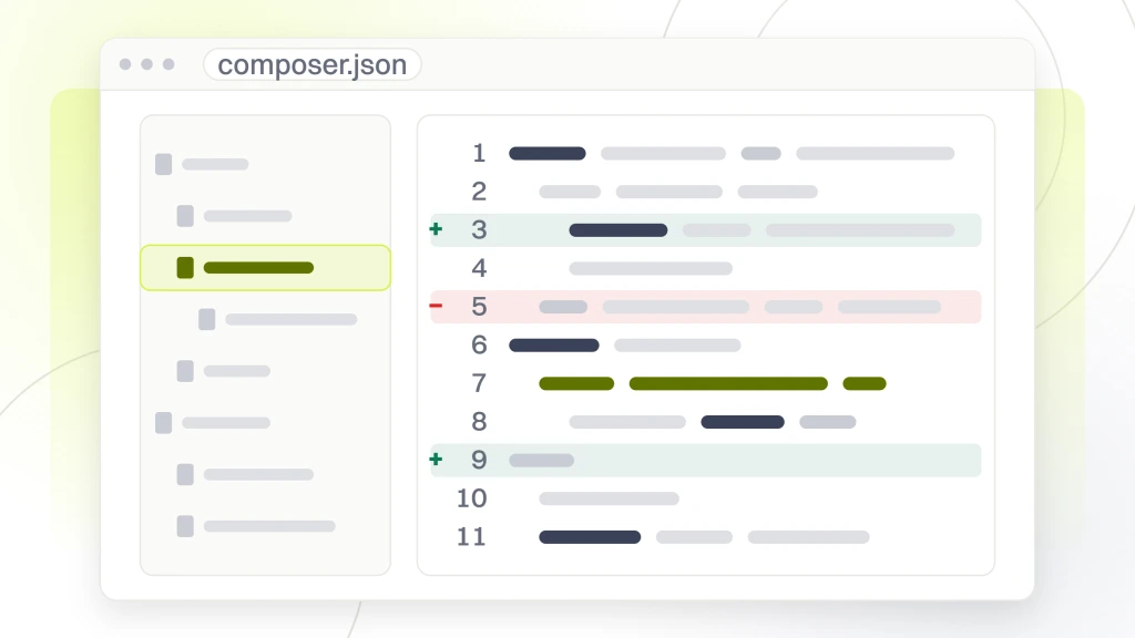 Ecommerce WordPress Website Maintenance. A code editor with a file tree and a pane of eleven lines, two marked as additions, one as a deletion and one line highlighted.