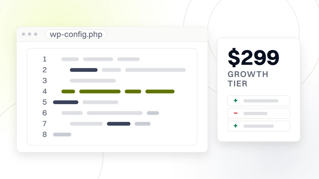 A code editor pane showing eight lines with one highlighted, beside a card reading $299 growth tier with a short diff list under it, from a guide to ecommerce WordPress Website Maintenance.