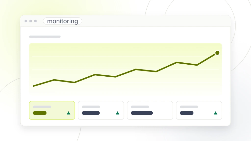 Fashion Website Hosting. A monitoring dashboard in browser chrome with a plotted line across the date range and a row of four metric tiles under it.