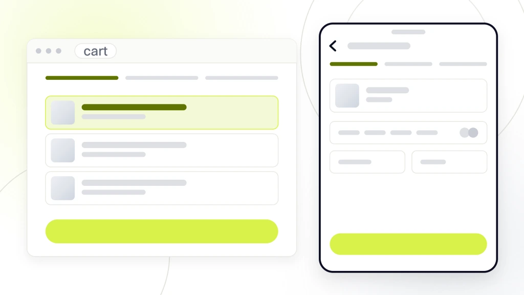 Food and Beverage Web. A checkout window showing a three step indicator and three cart lines with the first highlighted, with a handset beside it showing the same cart.