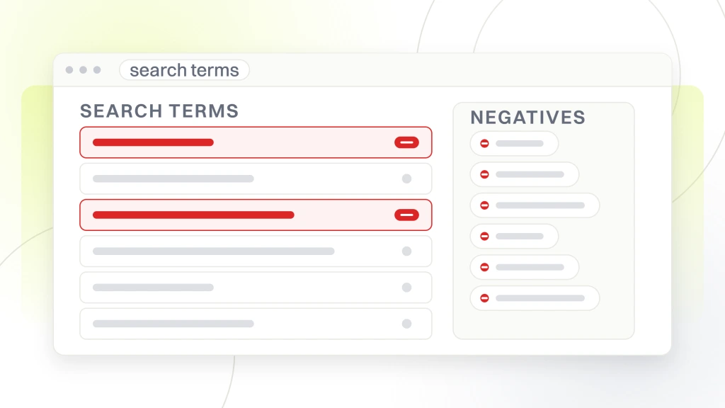 A search terms report listing six queries the account matched, two of them marked for exclusion into the negative keyword list, from a guide to google Ads Management for Ecommerce.