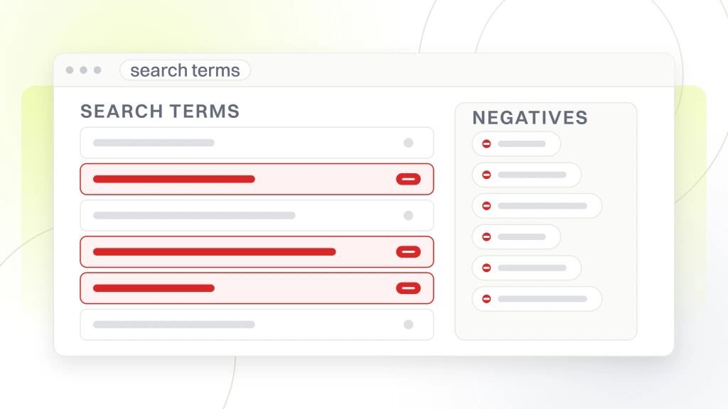 A search terms report in an ads account, six queries listed, three of them flagged for exclusion and shown feeding the negative keyword list beside it, from a guide to healthcare PPC Management.
