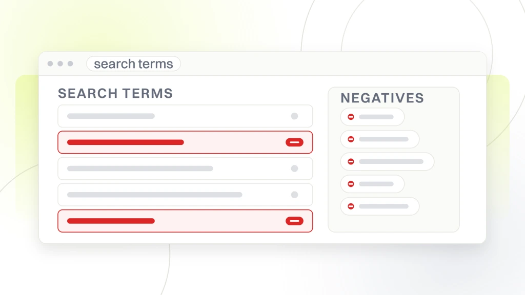 Home Services Google Ads Management. A search terms report listing five queries the account matched, two of them marked for exclusion into the negative keyword list.