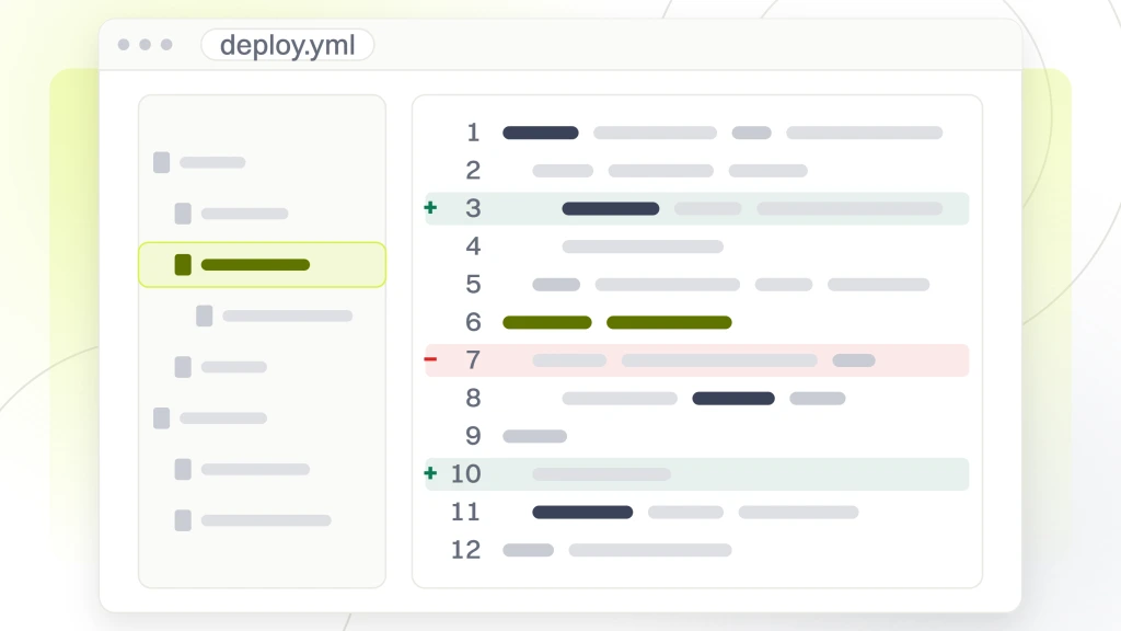 Laravel Ecommerce Maintenance. A code editor with a file tree and a pane of twelve pipeline lines, two marked as additions, one as a deletion and one line highlighted.