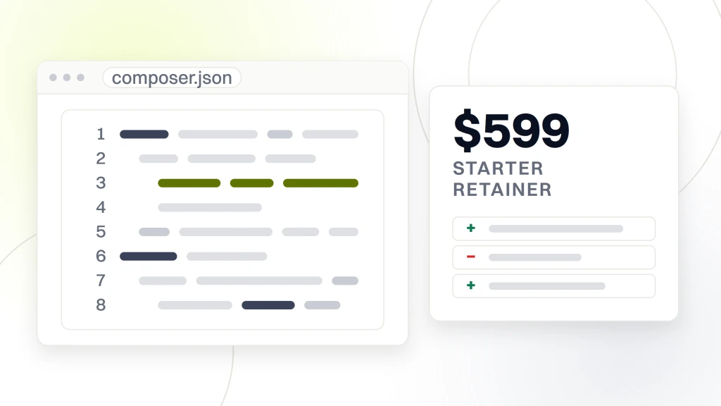 A code editor pane showing eight lines with one highlighted, beside a card reading $599 starter retainer with a short diff list under it, from a guide to laravel Ecommerce Maintenance.