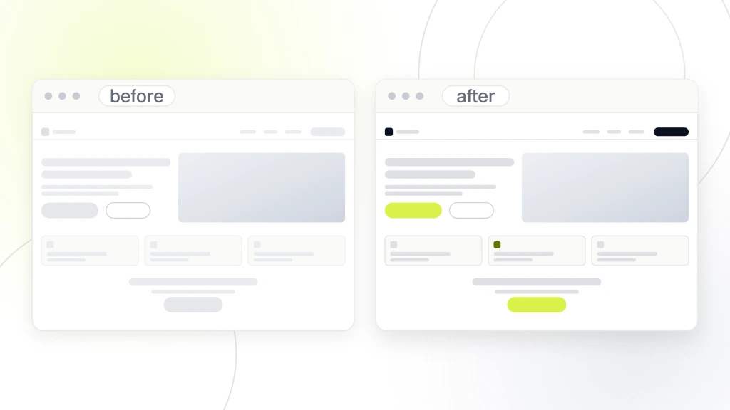 Manufacturing Website Design. Two manufacturer website windows side by side labeled before and after, the first drawn in dim furniture with a grey button, the second with live photography and a lime quote button.