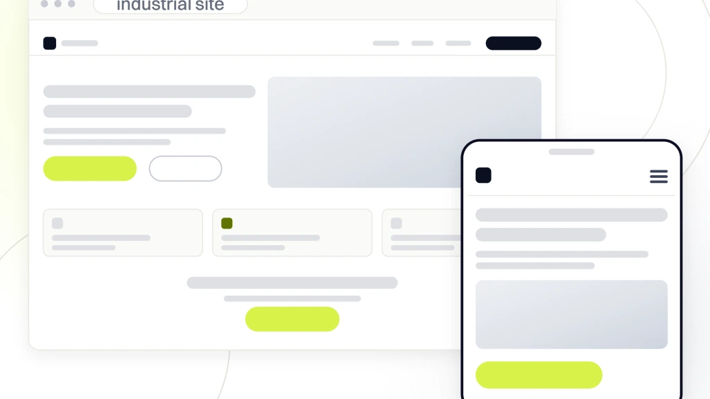 Manufacturing Website Design Greenville SC. A manufacturer website in browser chrome with navigation, a photographic hero, capability cards and a request a quote band, the phone build of the same page standing in front of it.