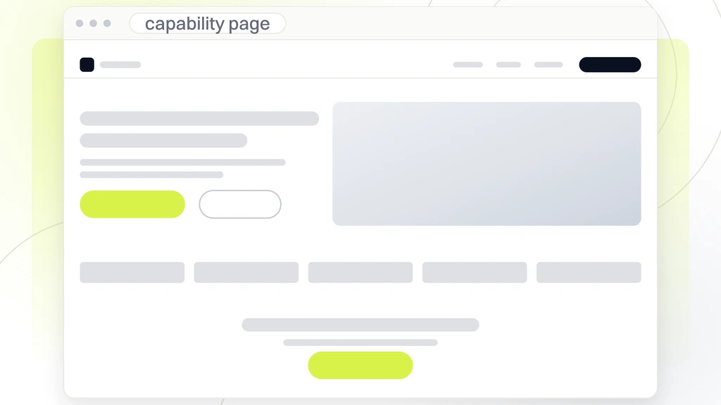 Website design manufacturing greenville sc. A capability page in browser chrome showing navigation, a photographic hero, a strip of certification marks and a lime request a quote band.