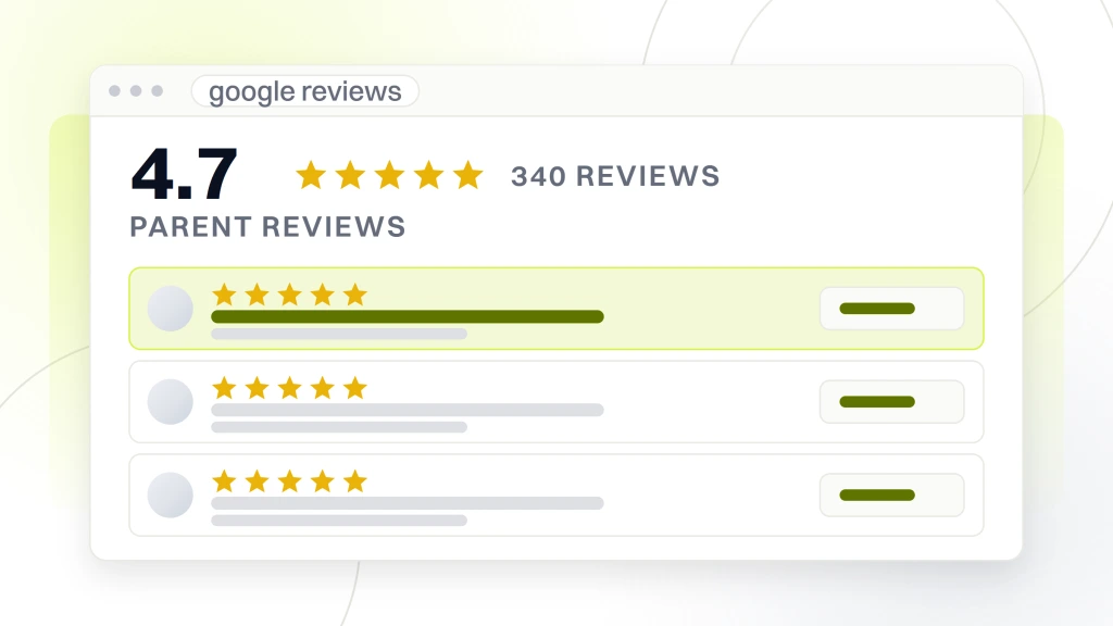 Pediatric Dental Marketing. A review panel showing an average rating of 4.7 over 340 reviews, with three review rows and their stars beneath it.