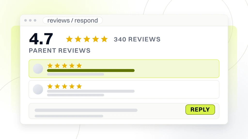Pediatric dentist marketing. A review panel showing a 4.7 average over 340 reviews, two review rows, and the reply composer open beneath them.